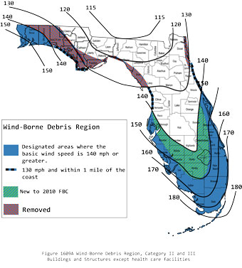 Mapa de código de construcción de velocidad del viento de Florida